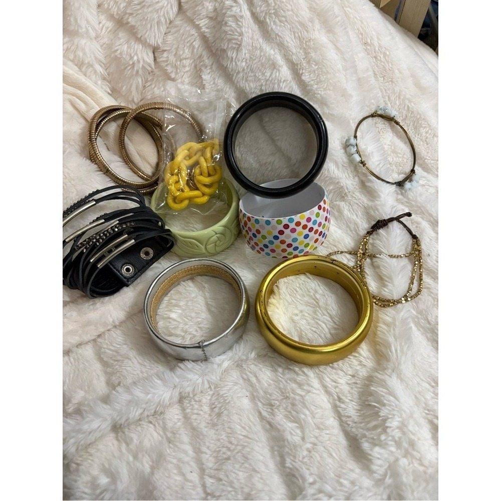 Ten Mixed Womens Bangle Bracelet Set Yellow, Gold, Silver, Black, polka dot,